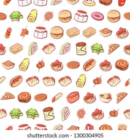 American food and Snacks set. Background for printing, design, web. Usable as icons. Seamless. Colored.