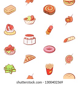 American food and Snacks set. Background for printing, design, web. Usable as icons. Seamless. Colored.