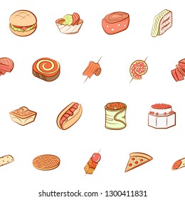 American food and Snacks set. Background for printing, design, web. Usable as icons. Seamless. Colored.