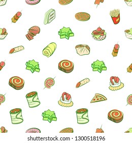 American food and Snacks set. Background for printing, design, web. Usable as icons. Seamless. Colored.