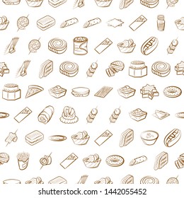 American food, Snacks and Table setting set. Background for printing, design, web. Usable as icons. Seamless. Binary color.