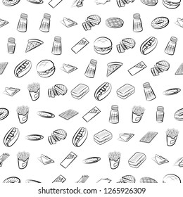 American food and Table setting set. Background for printing, design, web. Usable as icons. Seamless. Monochrome binary, black and white.
