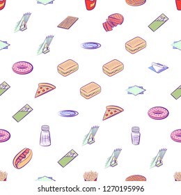 American food and Table setting set. Background for printing, design, web. Usable as icons. Seamless. Colored.