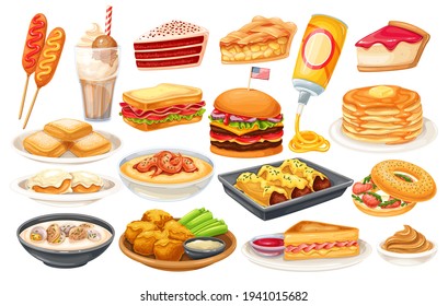 American food vector icon. Corn dog, clam chowder, biscuits and gravy, apple pie, blt, sandwich and buffalo wings. Red velvet cake, grits, monte cristo sandwich, pancakes, maple, spray cheese and ets