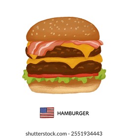 American food_hamburger Illustration with colored pencil touch