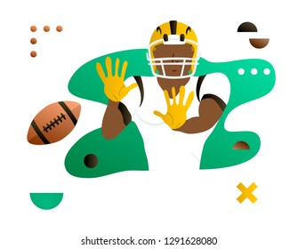 American foorball player catching the ball. Cartoon character. Creative vector illustration