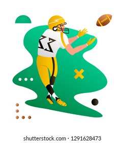 American foorball player catching the ball. Cartoon character. Creative vector illustration