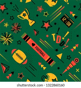 American football abstract background in 80s memphis style. Seamless memphis pattern for posers and banners. Vector illustration