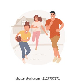 American football abstract concept vector illustration. Diverse group of people plays american football game, hold oval ball, community field, suburban houses on background abstract metaphor.