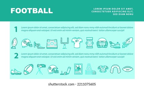 American Football Accessories landing web page header vector. American Football Ball And Gate, Player Protective Helmet And Shoulder Pads, Jersey Boots Footwear. Sport Game Color Illustrations