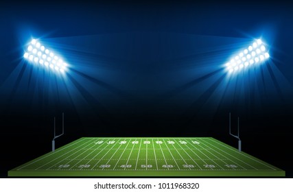 American football arena field with bright stadium lights design. Vector illumination