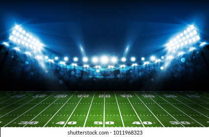 American football arena field with bright stadium lights design. Vector illumination