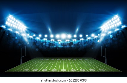 American football arena field with bright stadium lights design. Vector illumination