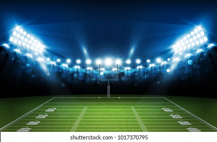 American football arena field with bright stadium lights design. Vector illumination