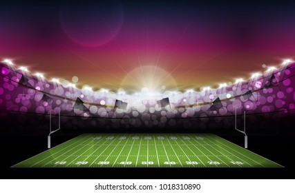 American football arena field with bright stadium lights and evening light sunset. Vector illumination