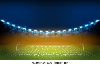 American football arena field with bright stadium lights design. Vector illumination