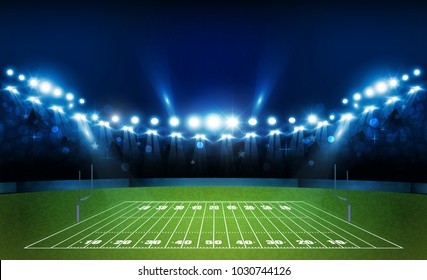 American football arena field with bright stadium lights design. Vector illumination