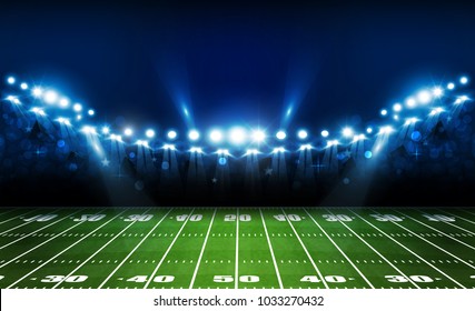 American football arena field with bright stadium lights design. Vector illumination