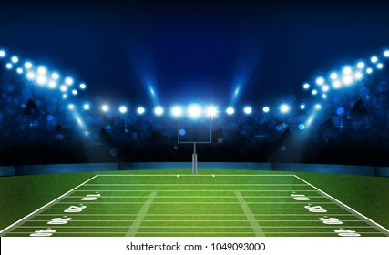 American football arena field with bright stadium lights design. Vector illumination