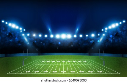 American football arena field with bright stadium lights design. Vector illumination