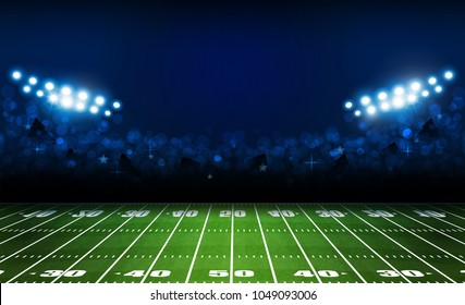 American football arena field with bright stadium lights design. Vector illumination