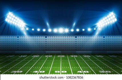 American football arena field with bright stadium lights design. Vector illumination