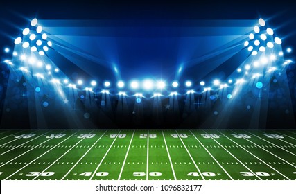 American football arena field with bright stadium lights design. Vector illumination