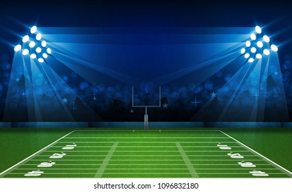 American football arena field with bright stadium lights design. Vector illumination