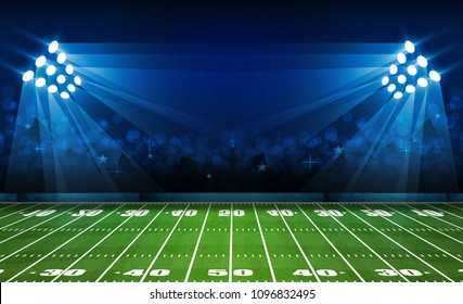 American football arena field with bright stadium lights design. Vector illumination