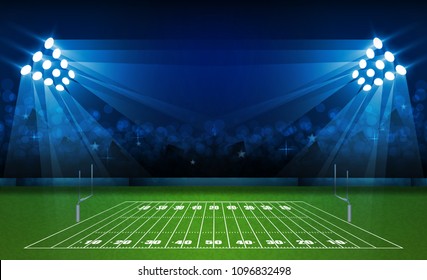 American football arena field with bright stadium lights design. Vector illumination