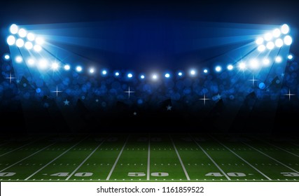 American football arena field with bright stadium lights design. Vector illumination