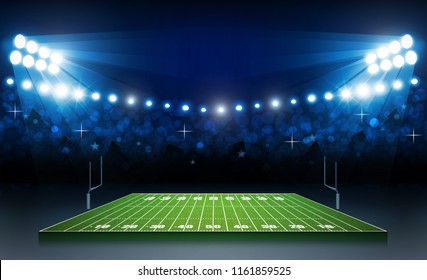 American football arena field with bright stadium lights design. Vector illumination