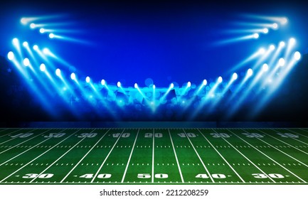 American football arena field with bright stadium lights design. Vector illumination