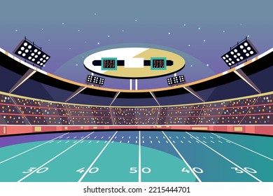 American football arena field with bright stadium lights