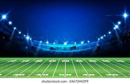 American football arena field with bright stadium lights design. Vector illumination