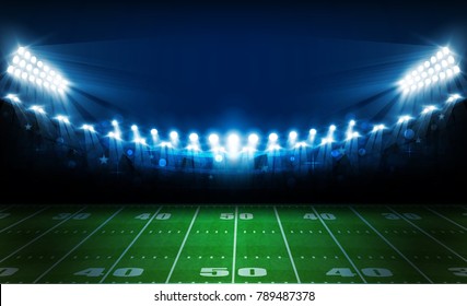 American football arena field with bright stadium lights design. Vector illumination