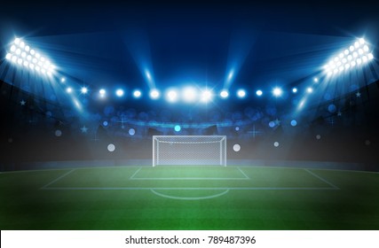 American football arena field with bright stadium lights design. Vector illumination