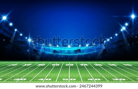 American football arena field with bright stadium lights design. Vector illumination