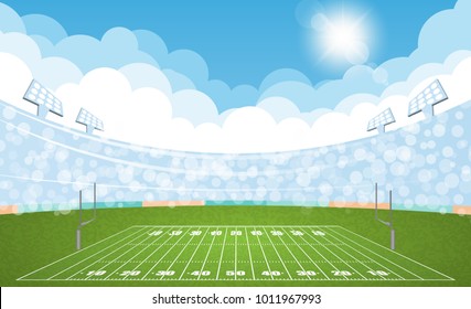 American Football Arena Field With Day Design. Vector Illumination