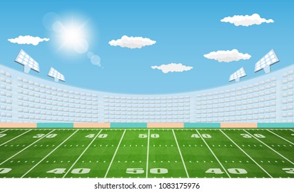 American football arena field with day design. Vector illumination