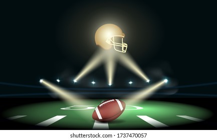 American football arena field at night with ball and golden. Soccer stadium lights vector background