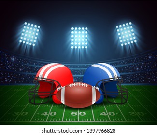 American football arena, helmet, ball with bright stadium lighting design. Vector illustration