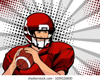 American football athlete. Sports game. The American football championship. Football Cup. League. Vector illustration in pop art retro comic style.