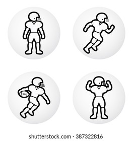 American football athletes icon set. Black and white, line vector illustration.