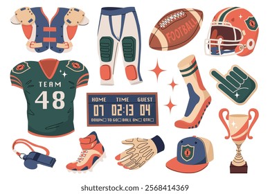 American football attributes. Sportsman suit. Team fan items. Stadium match. Sports equipment. Vector illustration isolated on transparent background.