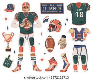 American football attributes. Sportsman suit. Team fan items. Stadium match. An athlete in full gear. Sports equipment. Vector illustration isolated on transparent background.