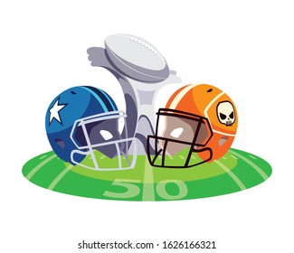 american football award with helmets on stadium grass vector illustration design