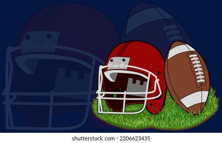 American football background - helmet and ball on the field