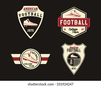 American football badge with cleats, sport logo, label, insignia set in retro color style. Graphic vintage design for t-shirt, web. Colorful print isolated on a dark background. Vector illustration