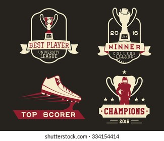 American football badge with winner cup sport logo, label, insignia set in retro color style. Graphic vintage design for t-shirt, web. Colorful print isolated on a dark background. Vector illustration